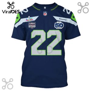 Navy t-shirt with Seahawks design featuring number 22, logos for NFL, Super Bowl, USA 250, and Seahawks 50th anniversary.!