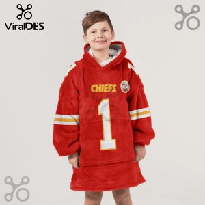 Boy wearing a red Chiefs blanket hoodie with number 1 and stripes on sleeves.!