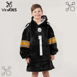 Young boy wears a black oversized hooded sweatshirt resembling a Steelers jersey with the number 1.!