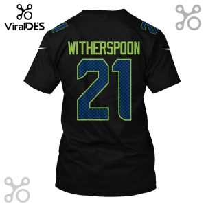 Black T-shirt featuring 'WITHERSPOON' and the number '21' in blue and green, resembling a sports jersey design.!