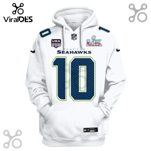 White hoodie with Seattle Seahawks jersey design, featuring the number 10, Super Bowl logo, and team name!