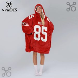 Red hooded blanket with the San Francisco 49ers logo and the number 85 on the front!