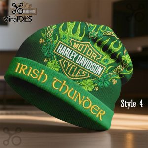 Green beanie with Harley Davidson logo, clovers, flames, Celtic knots, and 'Irish Thunder' text.!