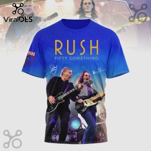 Rush Fifty Something band members Alex Lifeson and Geddy Lee on a blue t-shirt with Rush logo and autographs.!