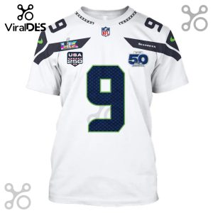 White t-shirt featuring a Seattle Seahawks jersey design with number 9, Super Bowl and USA 250 logos!