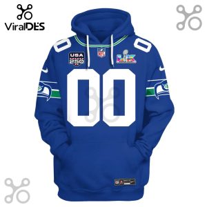 Blue hoodie with a football jersey design, featuring the number 00, NFL and Super Bowl LVI logos.!