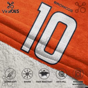 Orange blanket with white number 10 outlined in navy, with 'BRONCOS' text above.!