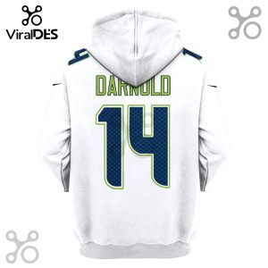 Back of a white hoodie with 'DARNOLD' and the number '14' in blue and green.!