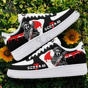 Black and white custom shoes featuring Ghostface with a bloody knife, red blood drips, and 'SCREAM 7' text!