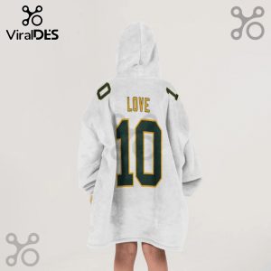 Back of hooded blanket. It reads 