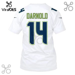 White t-shirt featuring 'DARNOLD' and '14' in blue and green, Seahawks style.!