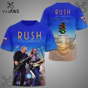 All-over print shirt features Rush band members, signatures, tour dates, traffic light, and 'Rush Fifty Something' text.!