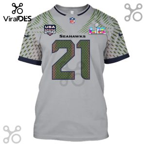 Gray Seahawks jersey featuring the number 21 with a pattern design, NFL logo, USA 250 badge, and Super Bowl LVII emblem.!