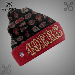 49ers beanie with team logos like helmet and jersey on black, red brim with 49ers text and NFL logo.!