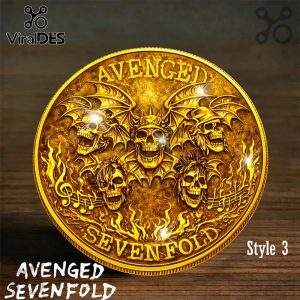 Golden Avenged Sevenfold coin design with five skulls, bat wings, crown, flames, and musical notes!