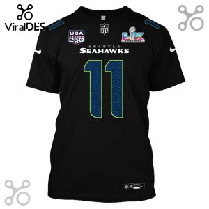 Black t-shirt featuring a Seattle Seahawks football jersey design with the number 11, USA 250, and Super Bowl logos.!