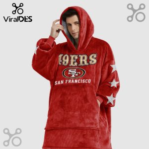 Red oversized hoodie featuring '49ERS' 'SF' logo and 'San Francisco' text plus stars on the sleeves.!