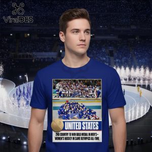 Blue t-shirt with two team photos, a gold medal, and text: 'United States. 2nd country to win Gold Medal in Men's + Women's Hockey.'!