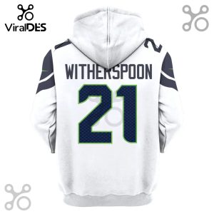 Back of white hoodie with 'WITHERSPOON' and the number '21' in blue and green.!