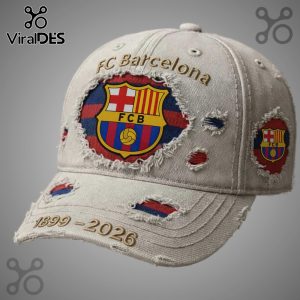 Distressed beige baseball cap with FC Barcelona logo, 'FC Barcelona' text, and '1899-2026' embroidered on the brim.!