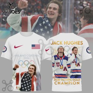 White t-shirt features Jack Hughes, American flag, Nike swoosh, Olympic rings and 'Milano Cortina 2026'.!