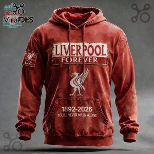 Red Liverpool F.C. hoodie featuring the Liverbird emblem and 'Liverpool Forever' text with the years 1892-2026.!