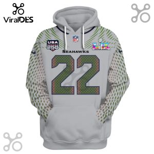 Gray hoodie featuring Seahawks #22 with NFL, Super Bowl, and USA 250 logos.!