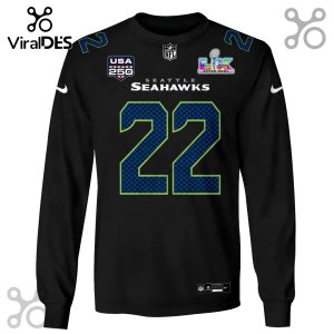 Black long-sleeve shirt with Seattle Seahawks design featuring number 22, USA 250 logo, and Super Bowl graphic.!