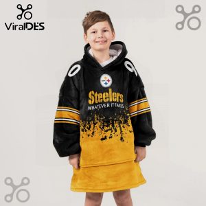 Boy wearing oversized wearable blanket hoodie with Pittsburgh Steelers logo and 'Whatever it takes' text.!