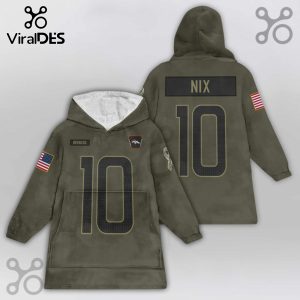 Khaki Snuggle Hoodie featuring the Broncos logo, 'Broncos' text, number '10', American flag, and 'Nix' name.!