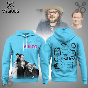 Light blue Wilco hoodie with band photo on front and cartoon faces, An Evening With Wilco!!, 2026 tour dates on back!