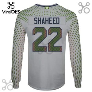 White long sleeve jersey with the name SHAHEED and number 22 on the back, patterned with the number 12.!
