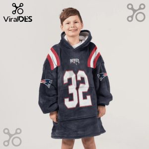 Young child wears oversized hoodie blanket with the New England Patriots logo and number 32 on a navy background.!