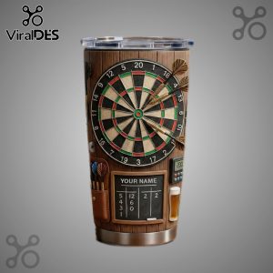 Tumbler featuring a dartboard, darts, scoreboard, and pint of beer on a wood background.!