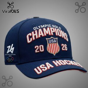 Navy cap with 'Olympic Gold Champions', 'USA Hockey', a USA shield and 'Milano Cortina 2026' text and Olympic rings.!