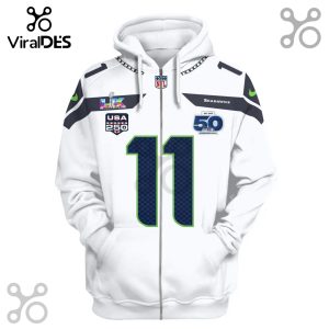 White zip-up hoodie with Seattle Seahawks Super Bowl LVIII and 50th anniversary patches, number 11 on the front.!