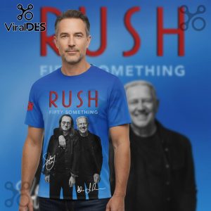 Blue T-shirt featuring the band Rush with 'Fifty Something' text and signatures. Man is wearing the shirt.!