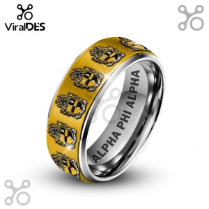 Gold and silver ring with Alpha Phi Alpha crests on the outer band and 'ALPHA PHI ALPHA' text inside!