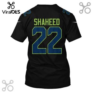 Black t-shirt with 'SHAHEED' and the number '22' in green and blue football jersey style print on the back.!