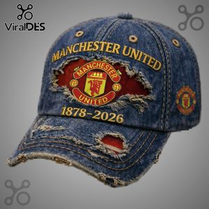 Distressed denim cap with Manchester United logo and '1878-2026' text.!