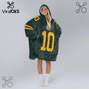 Green and yellow hooded blanket with the number 10, resembling a Green Bay Packers jersey.!