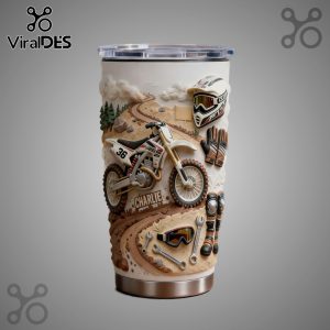 Tumbler featuring a 3D motocross design with a bike, helmet, gloves, and tools, plus a customizable name.!