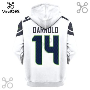 Back of a white hoodie with the name DARHOLD and the number 14 in green and blue.!