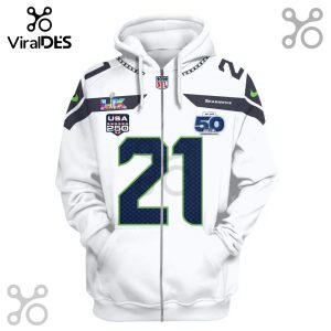 White zip-up hoodie with Seattle Seahawks theme featuring number 21, Super Bowl patch, and USA 250 logo.!