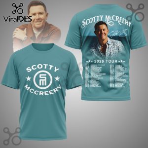 Scotty McCreery 2026 Tour teal T-shirt. Front: Name and logo. Back: Photo, signature, and tour dates.!