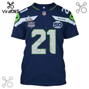 Seattle Seahawks football jersey with number 21, Super Bowl logo, and 50th anniversary emblem.!