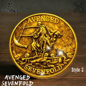 Round gold coin design with a skeleton reaper holding a scythe, small skulls, and text 'AVENGED SEVENFOLD'!