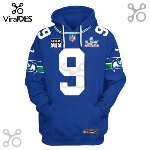 Blue hoodie with number 9, NFL logo, Super Bowl LVIII logo and Seattle Seahawks team design elements.!