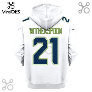 White hoodie featuring the name 'WITHERSPOON' and the number '21' in green and blue, plus '1' and '2' on the hood.!