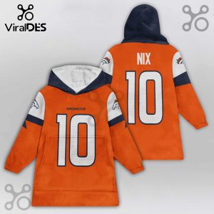 Front and back view of an orange hooded blanket with the Denver Broncos logo, name 'Nix' and number '10'.!